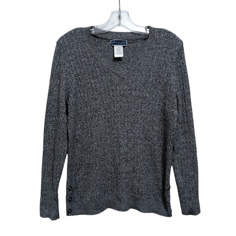 Karen Scott Charcoal Knit V-neck Sweater Large 💯 Cotton